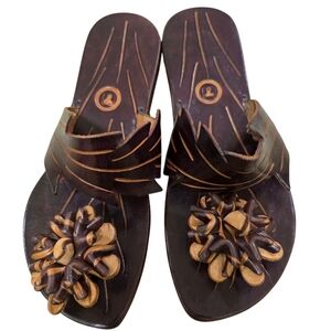 Hand Crafted Brown Leather Sandals with Layered Straps and Floral Design